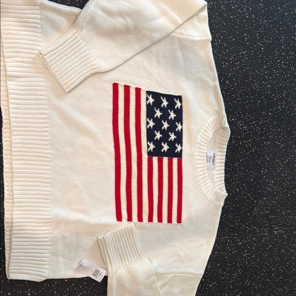 Old Navy Cream Crewneck Sweater with Red & Navy Flag